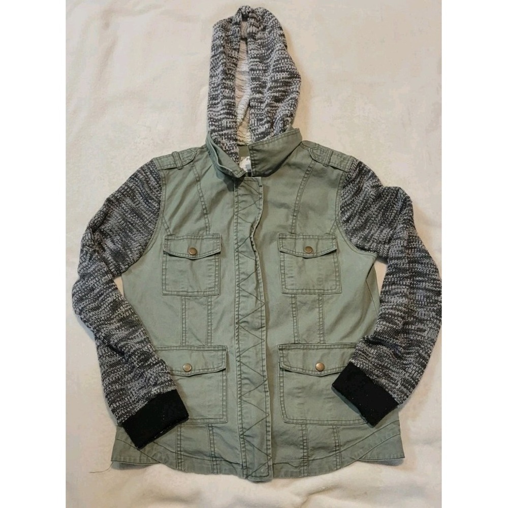 Mudd Full Zip Jacket Army Green With Grey Sweatshirt Sleeves Size Medium